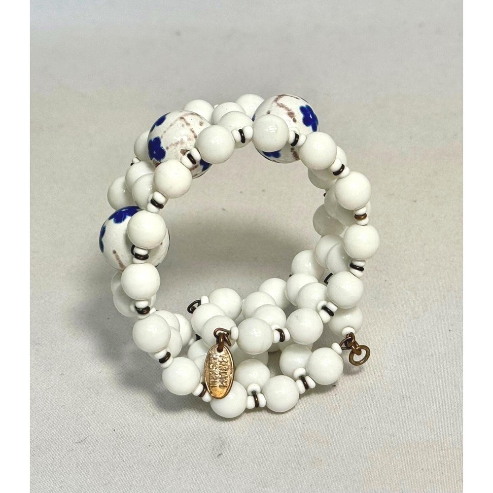 Miriam Haskell Necklace, bracelet & earrings, white beads hand painted floral - Picture 10 of 10